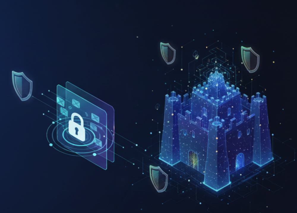 Security shield and encryption visualization representing data protection